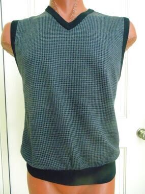 New Retro Mens L Pullover Sweater Vest Wool Blend Houndstooth Black Gray V Neck